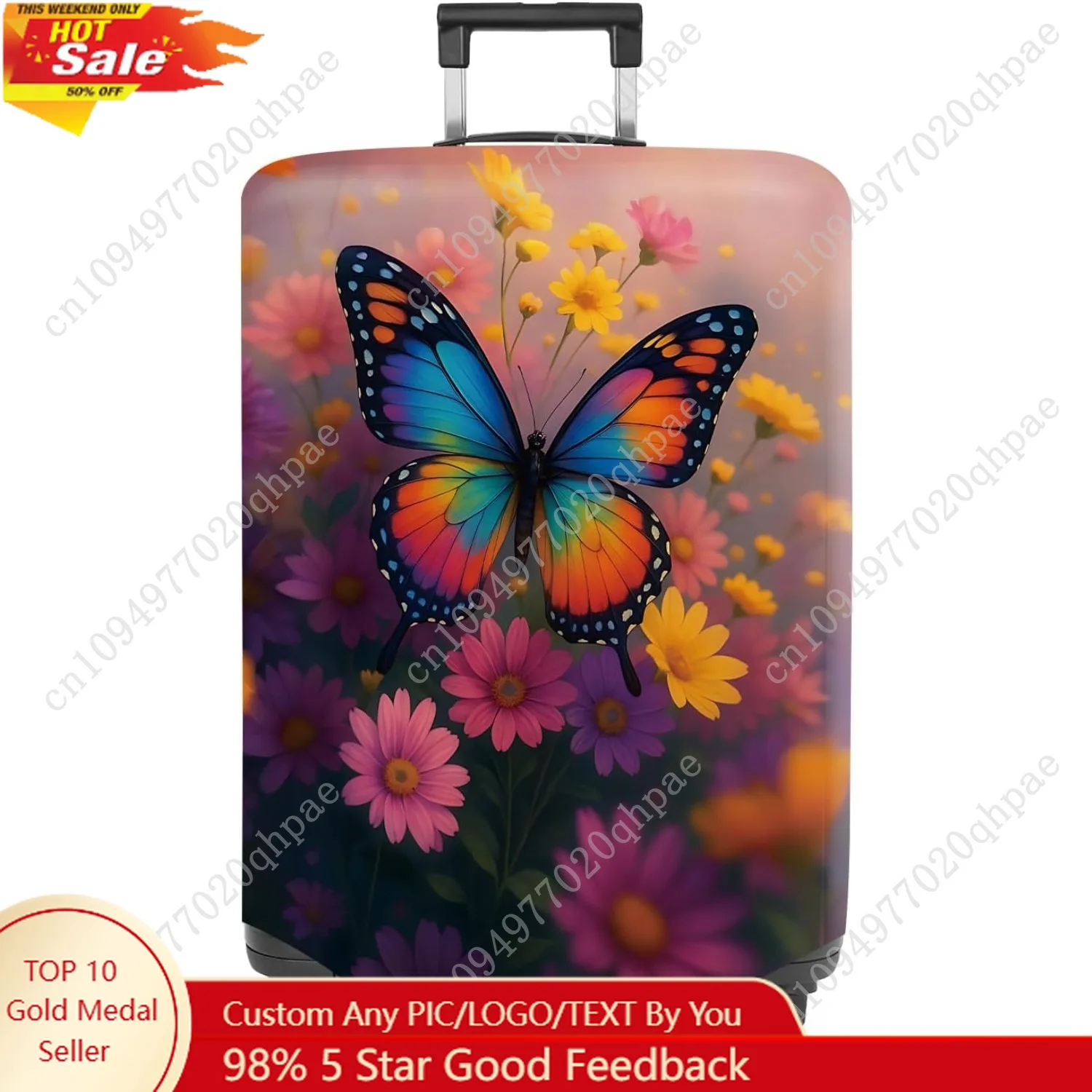 غطاء أمتعة على شكل فراشة نابضة بالحياة، تصميم زهور ملون مع فراشة قوس قزح، غطاء سفر قابل للتمدد وقابل للغسل f #1