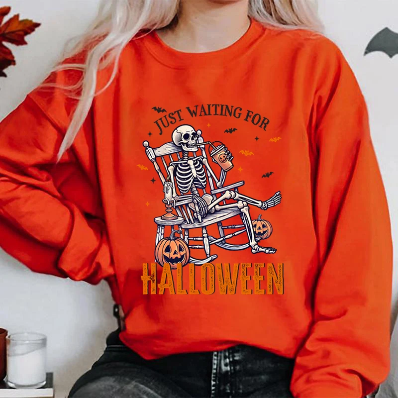 Skeleton Just Waiting For Halloween Print Round Neck Pullovers Casual Sport Long Sleeve Plus Size Halloween Hoodless Sweatshirts