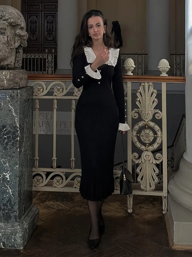 Nieuwe herfst winter vintage Franse gegolfde lange mouwen dames gebreide jurk, elegante bodycon dame trui jurk vestidos