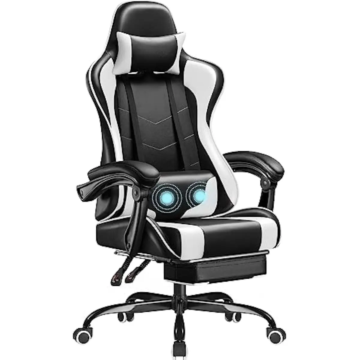 Cadeira gamer com altura ajustável, assento giratório, encosto reclinável até 135 graus, apoio para os pés integrado, almofada de massagem lombar E