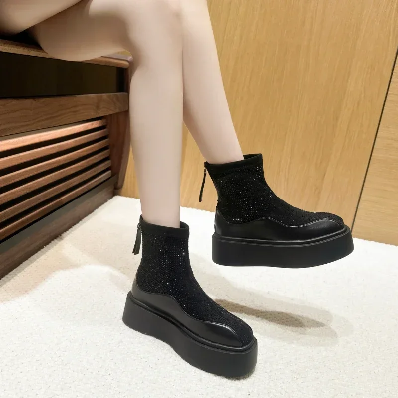 2024 New Designer Zipper ankle Boots Women\'s Shining Diamond Modern Boots Luxury Leather Elastic Thick soled High Heels zapatos