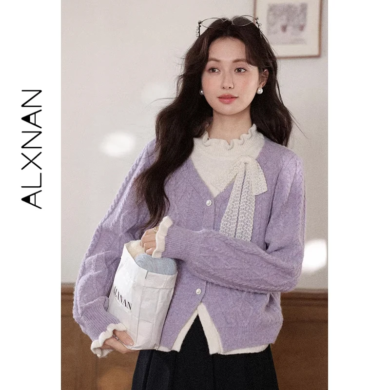 

ALXNAN Korean Style Purple Fake Two Piece Knit Sweater Women 2026 Spring Casual Long Sleeve Pullover with Free BroochDYL662520