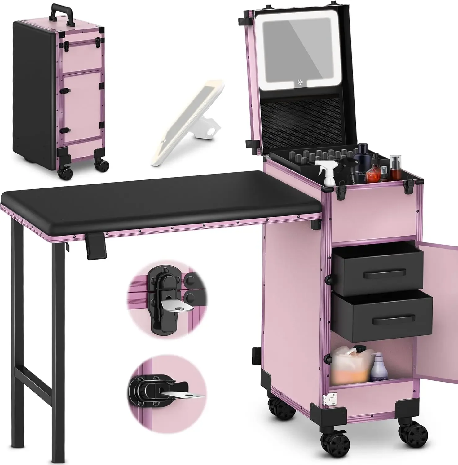 Rolling Portable Manicure Table with 2 Drawers, Mirror & Nail Polish Organizer, Lockable Makeup Train Case with Fol