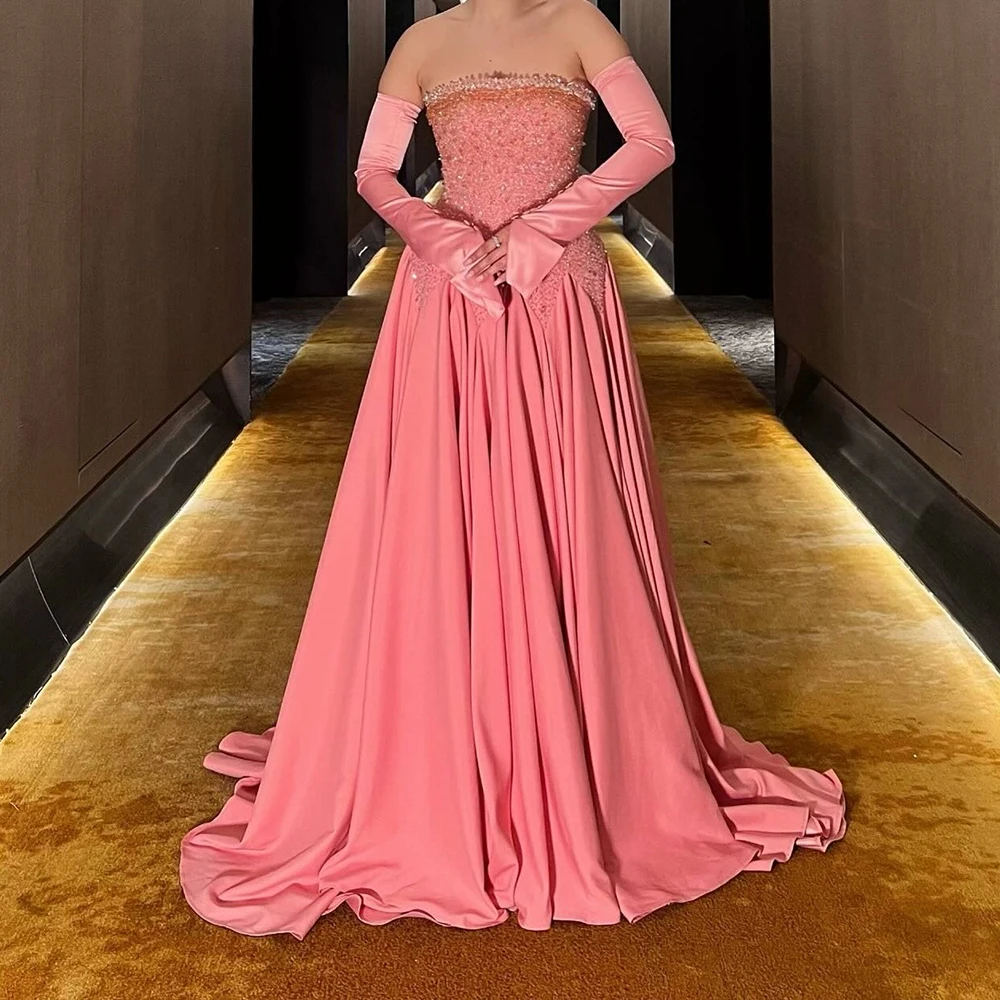 

Customized A-line Evening Dresses Floor-length Strapless Full Sleeve Prom Gown Fashion Crystal Simple Draped Backless Party Gown