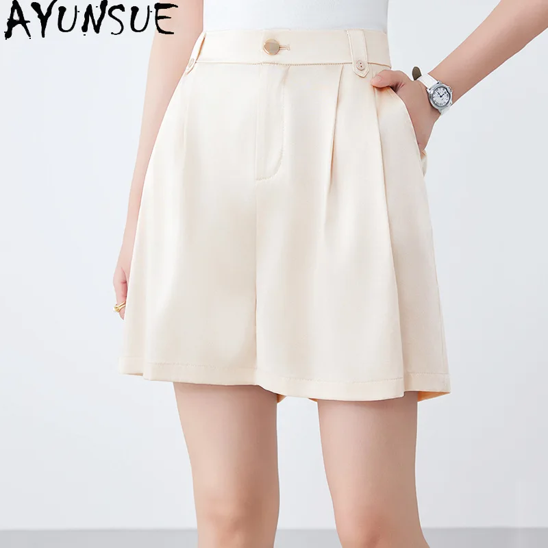 AYUNSUE 95% Silk Women's Shorts High Waist Casual Shorts Solid Color Stylish Wide Leg Short Summer Clothes Woman 2026 Ropa Mujer
