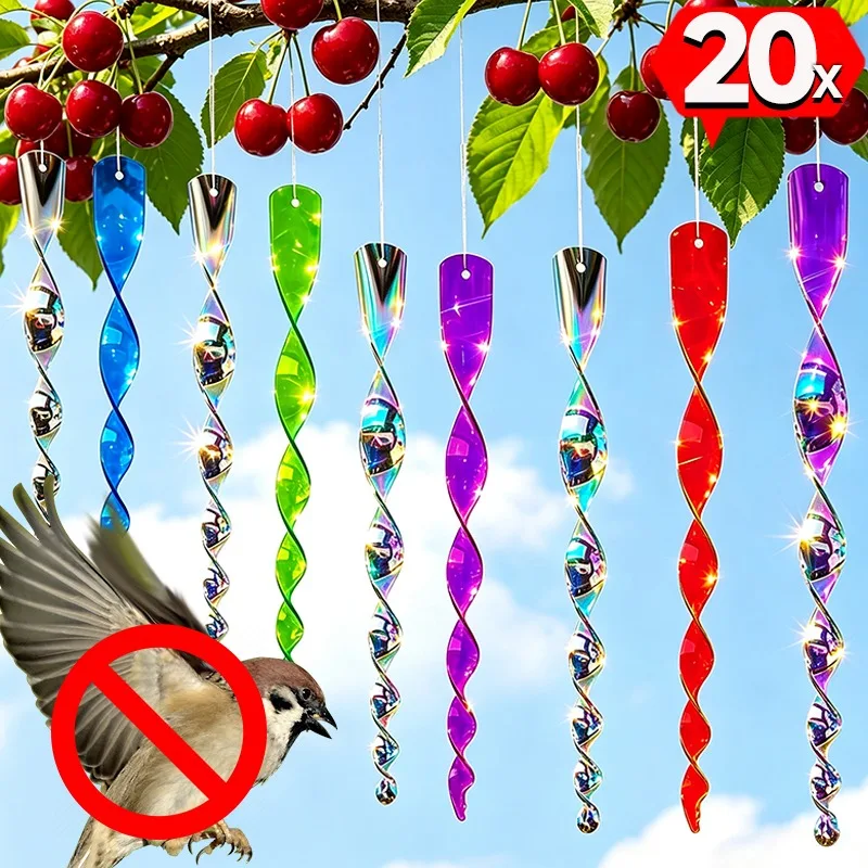 5/20Pcs Reflective Bird Repellent Spiral Rods Hanging Scare Deterrent Device 7 Color Wind Spinner for Garden Orchard Patio Farm