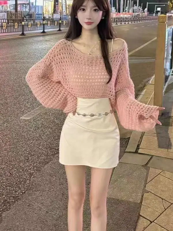 

Sweet And Spicy Long Sve Knitted Sweater Women's Spring Autumn Hollow out Cover up Unique ort Sle Outerwear Top