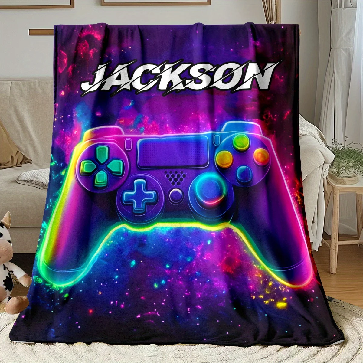 Customizable blankets with neon gamepad designs,soft flannel blankets,warm and durable, suitable for sofa，bed，camping，office use