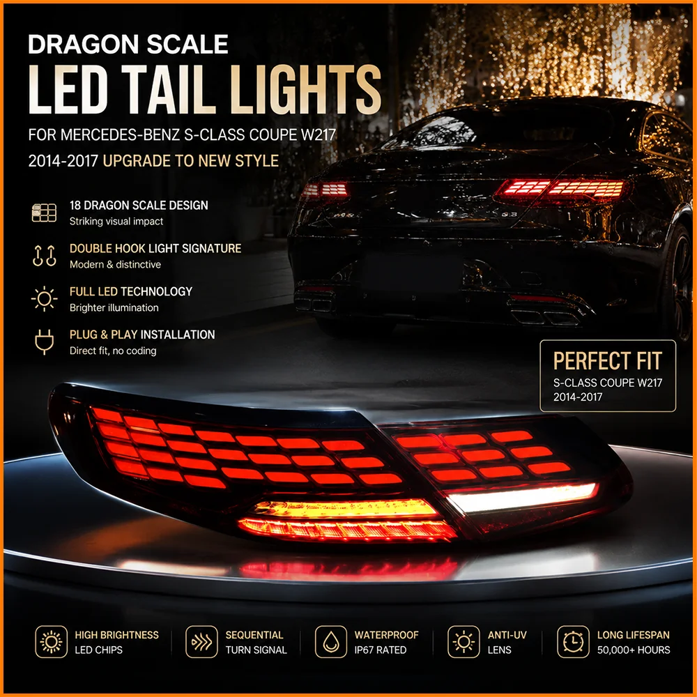 For W217 C217 2014-2017 S-Class Coupe Upgrade Facelift Dragon Tail Style LED Taillights Sequential Turn Signal Assembly