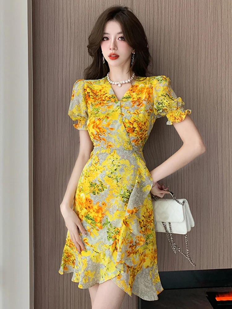 Summer Chiffon Short Dress Women Clothes Elegant Pretty Vintage Boho Print Casual Short Sleeve Wrap Hip Mini Beach Mujer Vestido