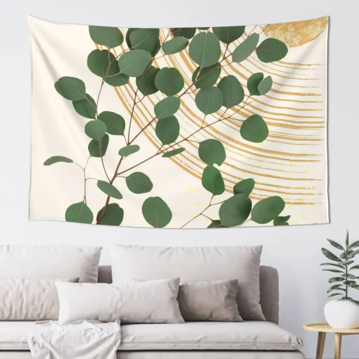 

Eucalyptus Branch Abstract Collage Tropical Boho Minimalist Art with warm earthy tones and pastel colors with solid and Tapestry