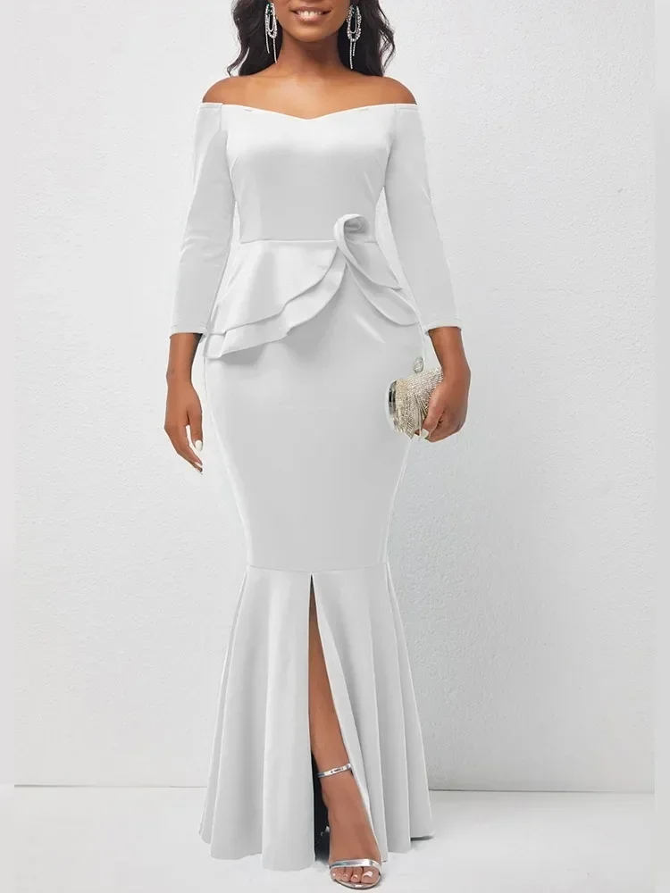 2025 vestidos de verão para mulheres sólido fora do ombro babados split vestido de noite casual elegante maxi robe feminino