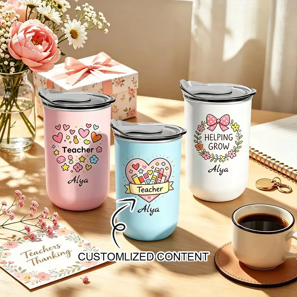 Teacher Tumbler Custom Name Teacher Appreciation Print Stainless Steel Insulated Cup With Flip Lid End of School Year Thank You.