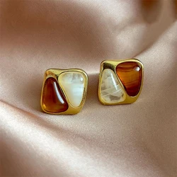 2025 New Brown Beige Square Women's Stud Earrings Imitaiton Stone Exquisite Small Earrings for Girls Unusual Ear Jewelry