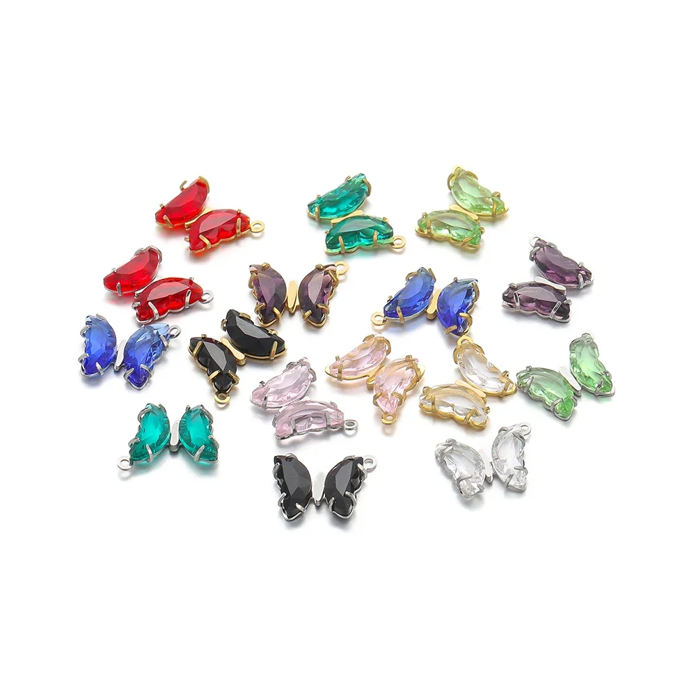 5 Stück Edelstahl- und transparente Kristallglas-Schmetterlingsanhänger für DIY-Mädchen-Schmuck, Halsketten, Charms, Zubehör und Ohrringherstellung – Detail 3