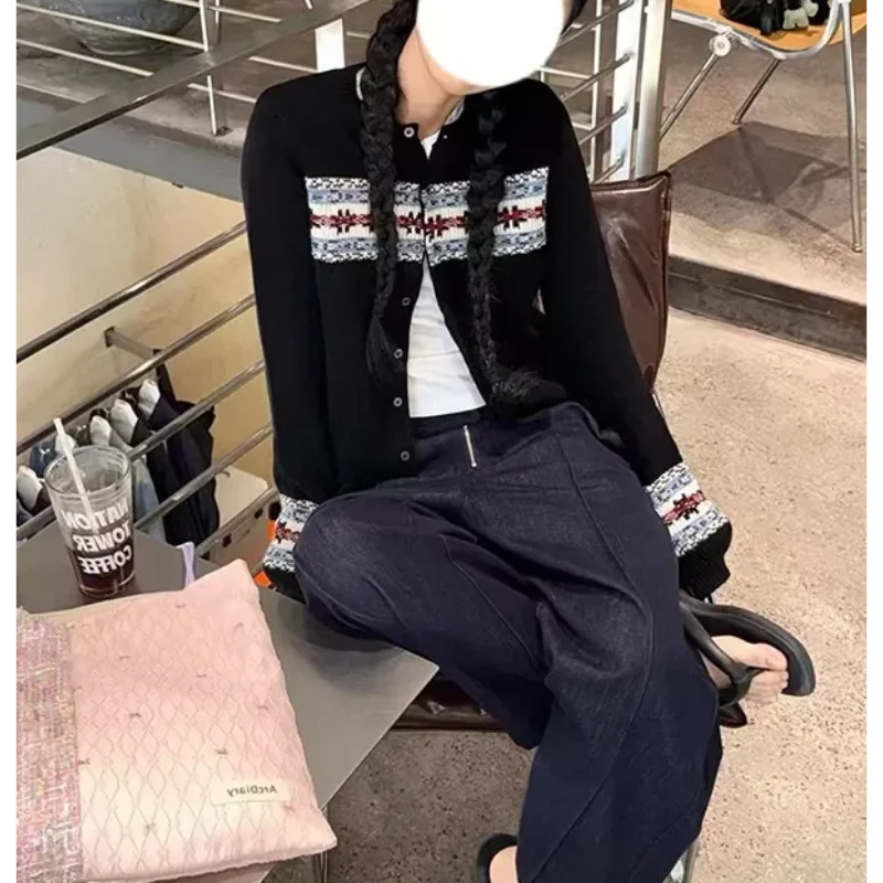 Women's Black Fair Isle Sweater Coat Autumn New Style High Grade Sense Lazy Style Loose Korean Style Short Knit Cardigan