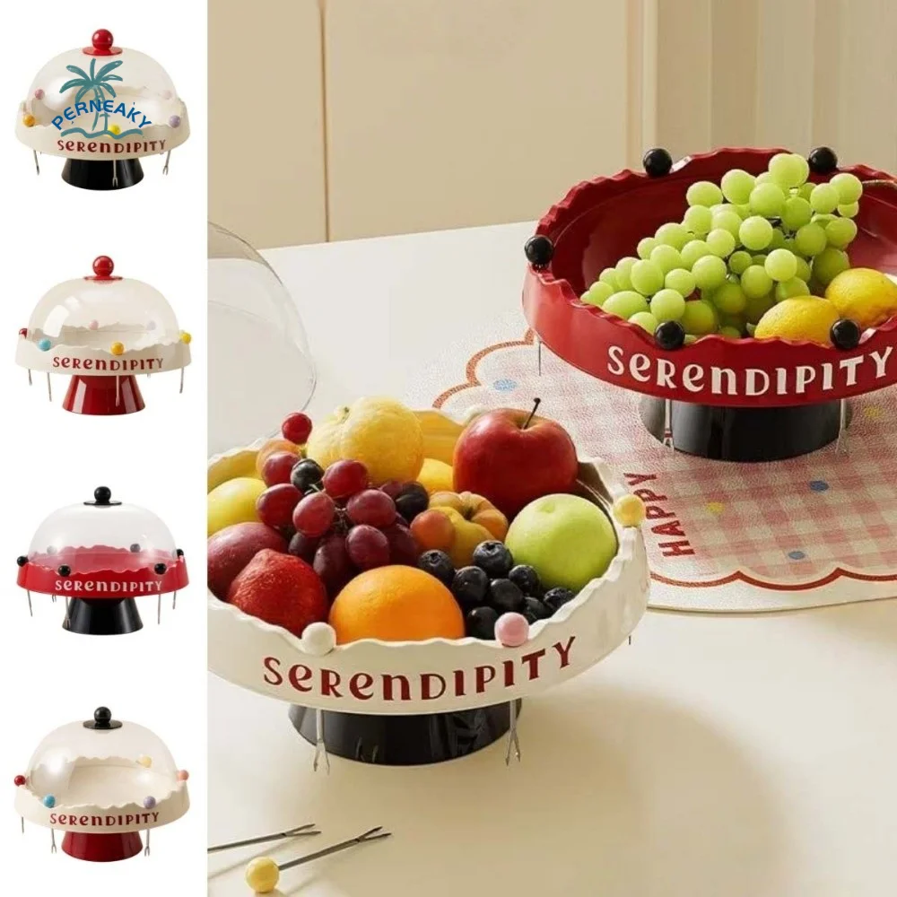 

Plastic Fruit Bowl with Fork Large Capacity Stainless Steel Fork Fruit Serving Plate with Lid Decoration Snack Plate