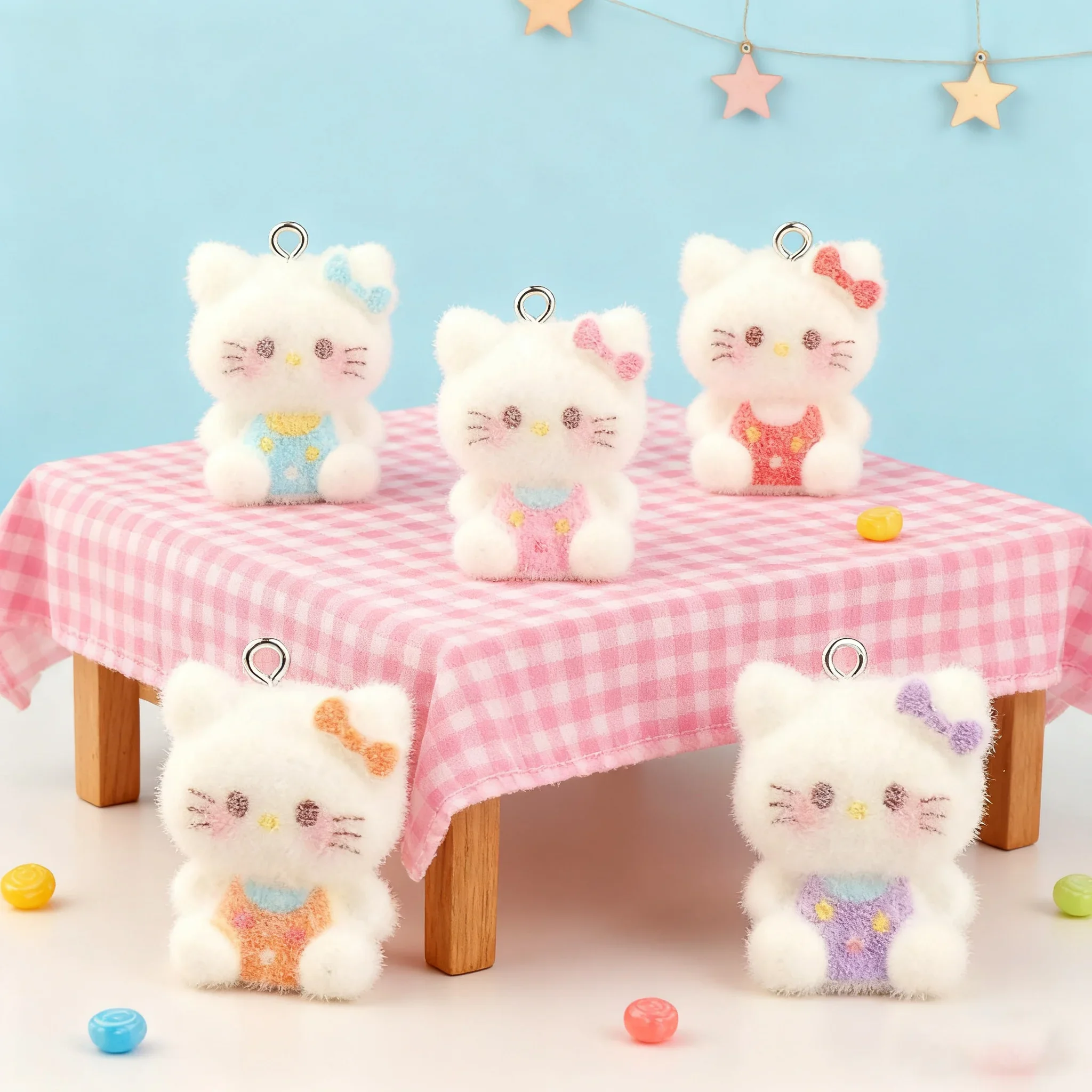 

10pcs 3D Flocking Elephant and Cat Figurine Pendants Adorable Cartoon Animal Resin Charms for DIY Keychain Craft Cute Home Decor