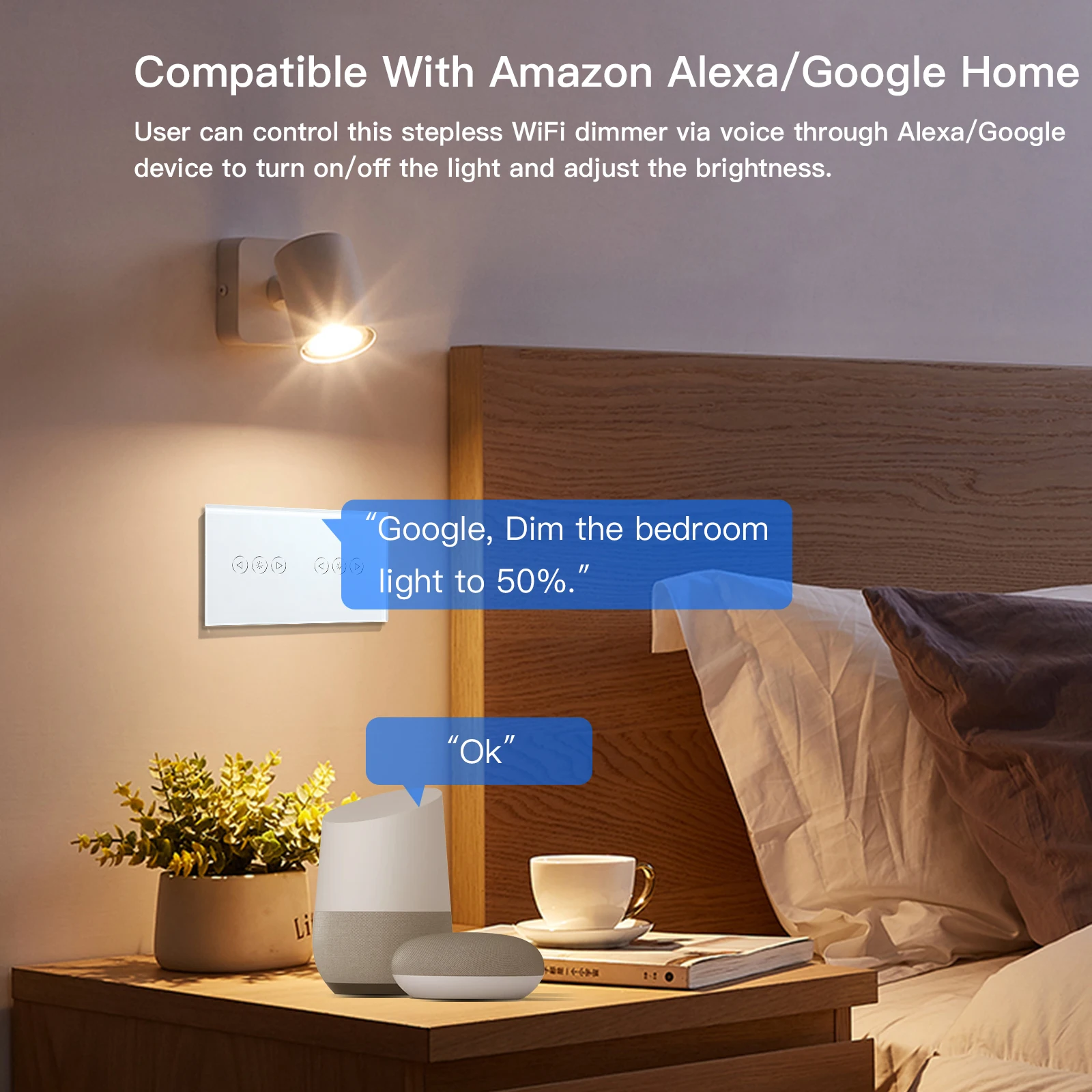 BSEED Wifi Dimmer Switch Double Led Dimmerable Smart Touch Dimmer Switch Work With Tuya Alexa Smart Life Tempered Crystal Glass