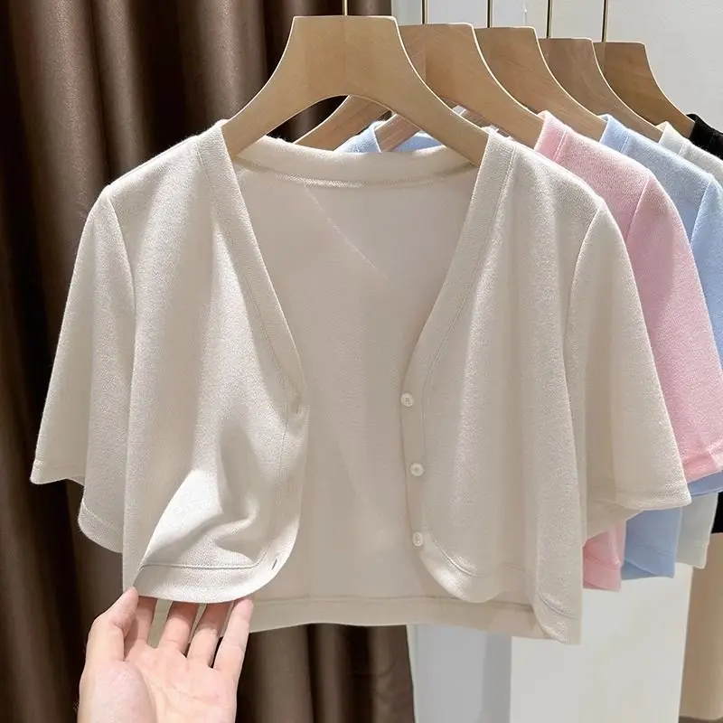 Chaqueta corta de manga corta para mujer, cárdigan blanco y negro, ropa de abrigo fina, novedad de verano, 2024