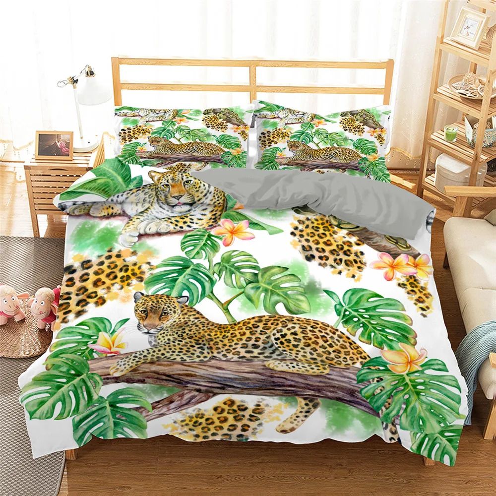 Jungle Animal Bedding Set Tiger Leopards King Queen Duvet Cover Watercolor Tropical Plants Comforter Cover Polyester Quilt Cover