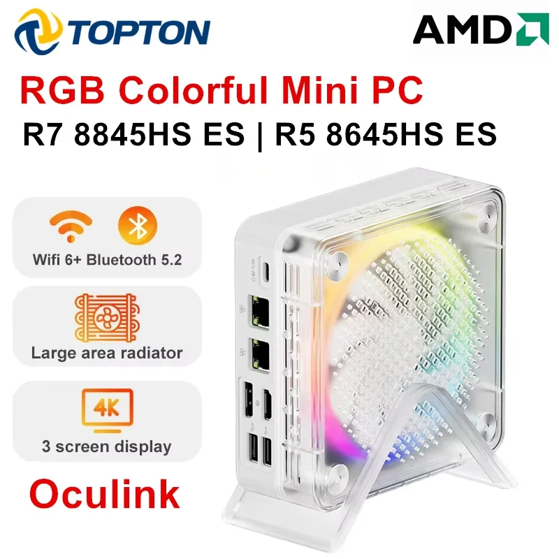 Topton AMD MINIPC Ryzen 7 8845HS ES R5 8645HS ES Oculink Mini PC RGB Color Gamer Windows 11 WiFi 6 2x2.5G LAN USB4.0 4K كمبيوتر