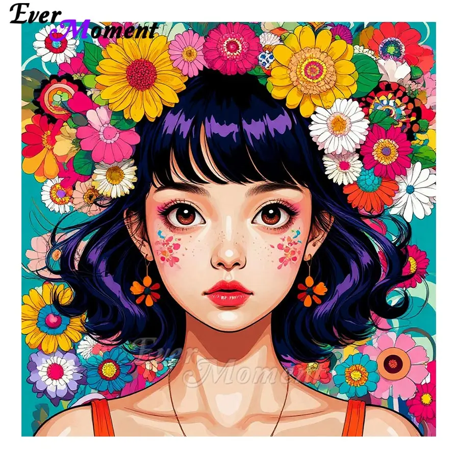 

Ever Moment Handmade Diamond Painting Flower Girl Canvas for Adults Modern Home Decoration Figure Wall ASF2998