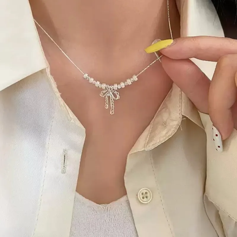 

PANJBJ ожерелье из стерлингового серебра 925 пробы с бантом для женщин, кружево из бисера, универсальный минимализм, офисные украшения, подарок, дропшиппинг