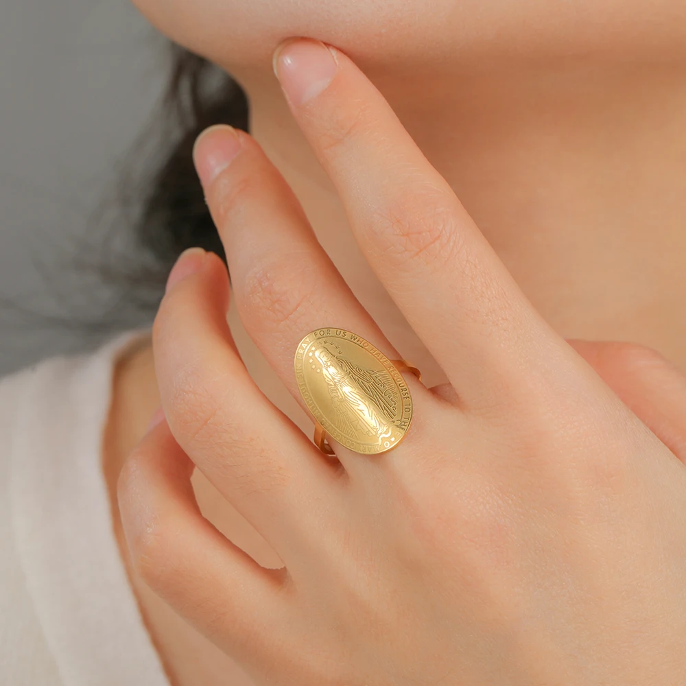 Dawapara مريم العذراء الدائري قابل للتعديل الأم المقدسة مريم الهدايا المسيحية نعمة حماية حلقة دينية مجوهرات من صلب لا يصدأ