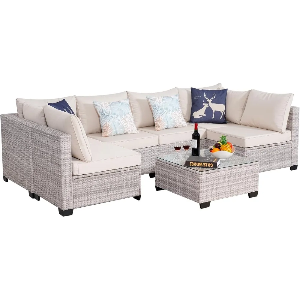 7 Piece Sectional Sofa Set Outdoor, Rattan Patio Furniture Set, Outdoor Sectional , Rattan Chairs Glass Table Wicker Co