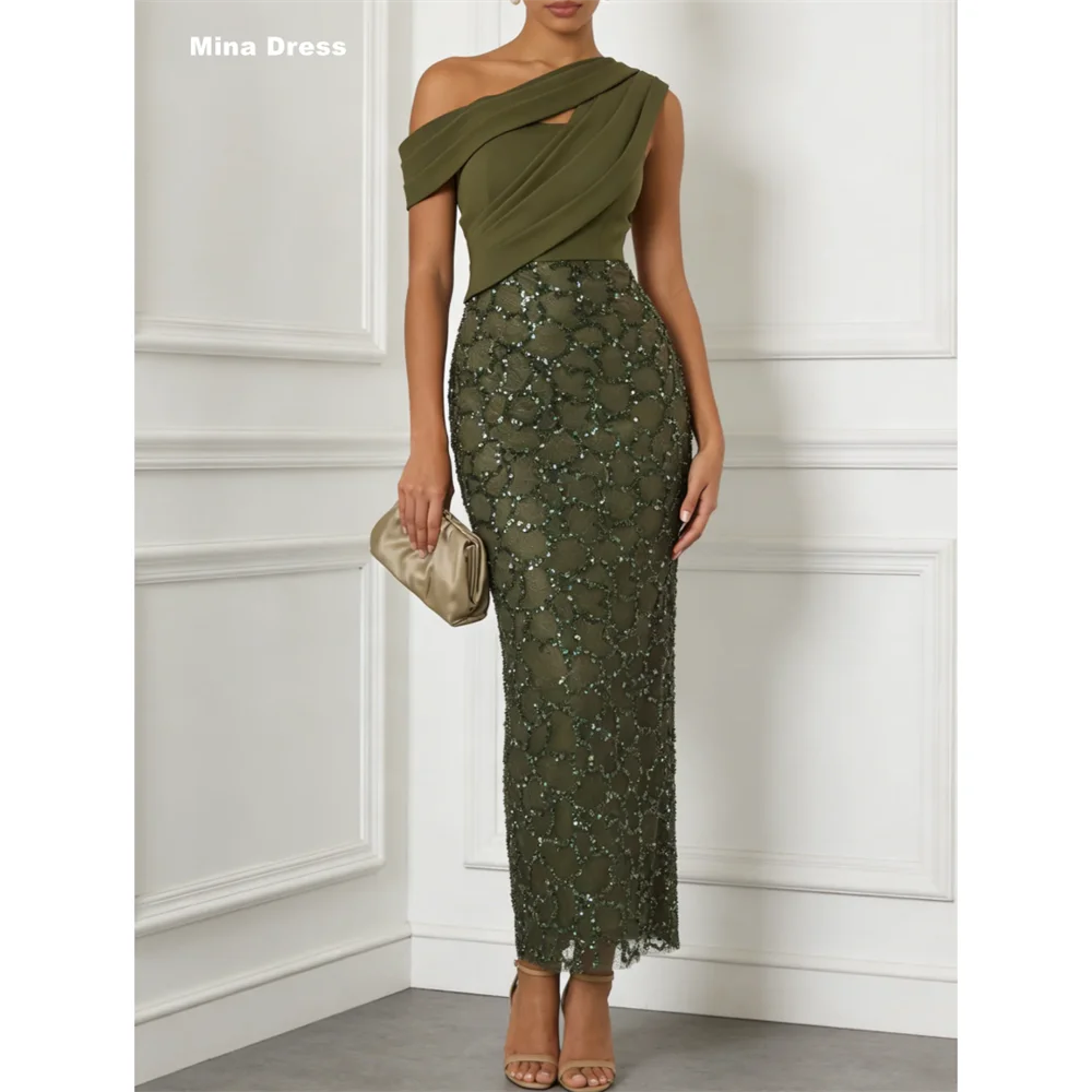 Mina Customized Green Slant Shoulder Sequin Floral Off-shoulder Women's Evening Dress Dresses for Special Occasions Formal Gowns