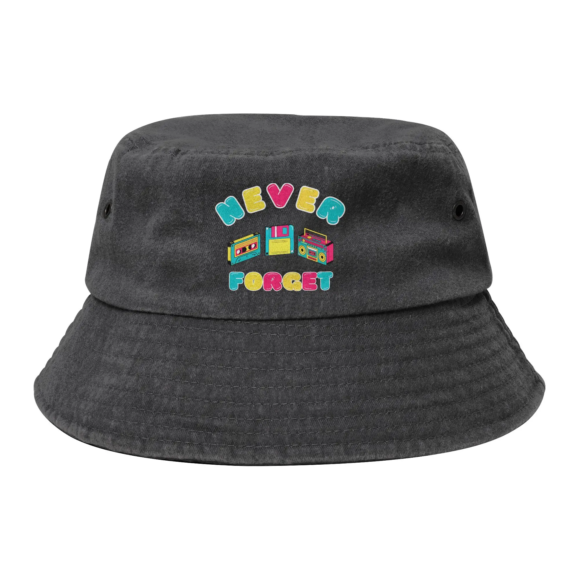 Men Women Distressed Denim Bucket Hats Never Forget Floppy Disk VHS Cassette Tape Beach Outdoor Fishing Cap  Irish Country Hat