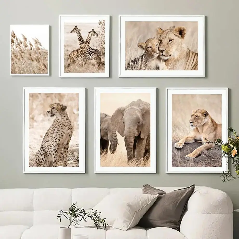 Classic Vintage Wall Art Beige Reed Lion Cheetah Elephant  Giraffe HD Canvas Print Poster for Living Room  Bedroom Decor  Timele