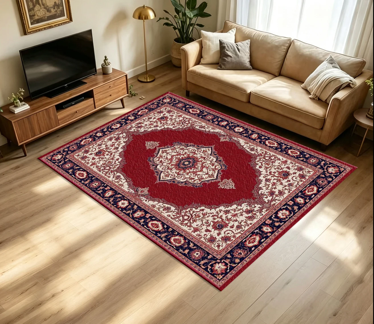 Classic Oriental Medallion Carpet Flooring Vintage Red Floral Border Ornate Center Motif Printed Floor Rug for Household Indoor Traditional Home Decoration