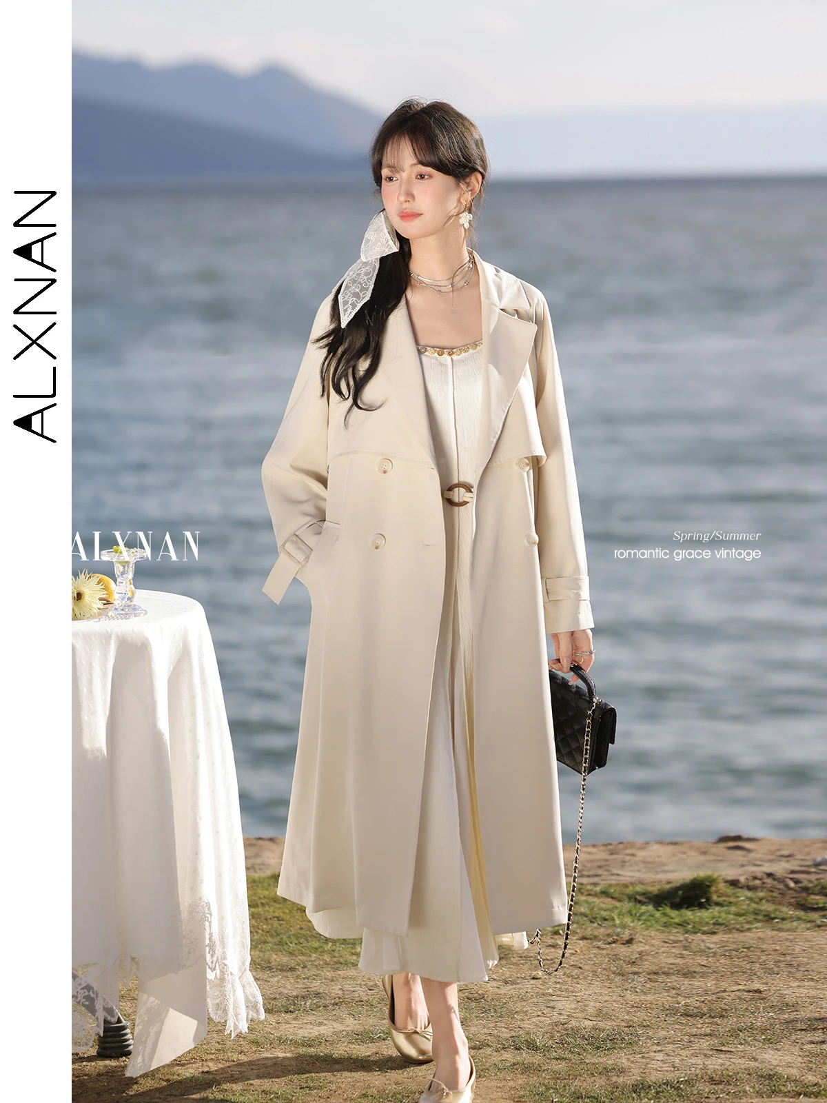 

ALXNAN Apricot Trench Coat 2025 Spring Casual Commuter Women's Long Coat Solid Loose Versatile Slim Elegant Ladies Trench L52913