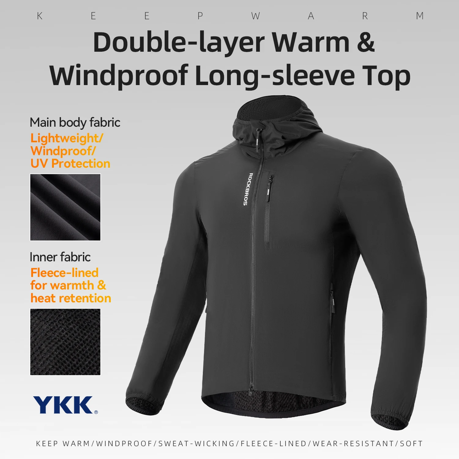 ROCKBROS Cycling Jacket Double-layer Warm Winter Thermal Fleece Wear-resistant Clothing Long sleeved with Pocket Windproof