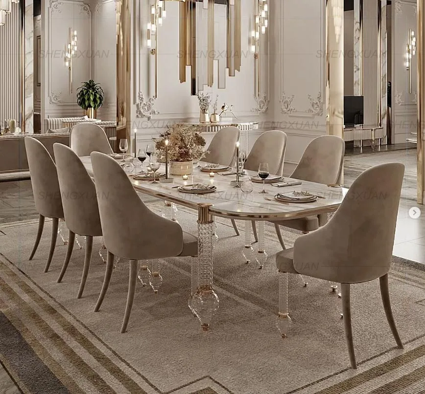 High Quality Luxury Marble Top Irregular Oval Square Dining Table Royal Acrylic Leg Dining Table Sets 6 Chair Dining Table