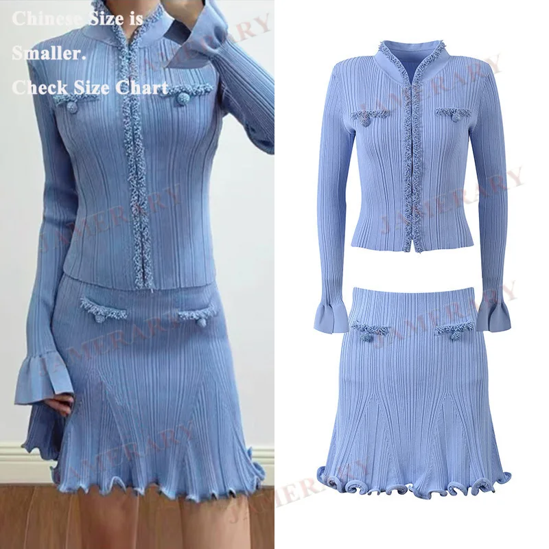 

Elegant Brand Pearl Spring Autumn Knitted Two Piece Set Women V Neck Long Sleeve Cardigan Jacket Mini Short Skirts 2pcs Outfit