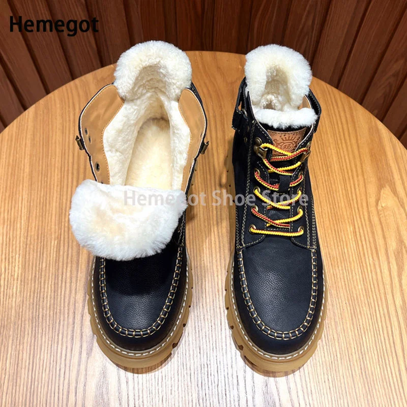 Men Wool Snow Boots Winter High-Top Shoes Lace-Up Thick Winter Warm Booties Genuine Leather Ankle Male Boots Casual Shoes