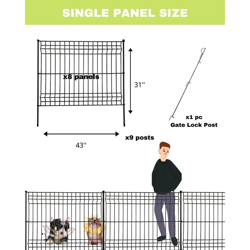 No Dig Fence 8 Panels, Total 29 ft (L) x31in (H), Decorative Metal Garden Fence and Gate, Animal Pets Barrier, Outdoor Fencing