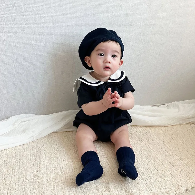 

2026 Summer New Baby Short Sleeve Bodysuit Cotton Infant Girl Preppy Style Sailor Collar Jumpsuit Solid Newborn Clothes 0-24M