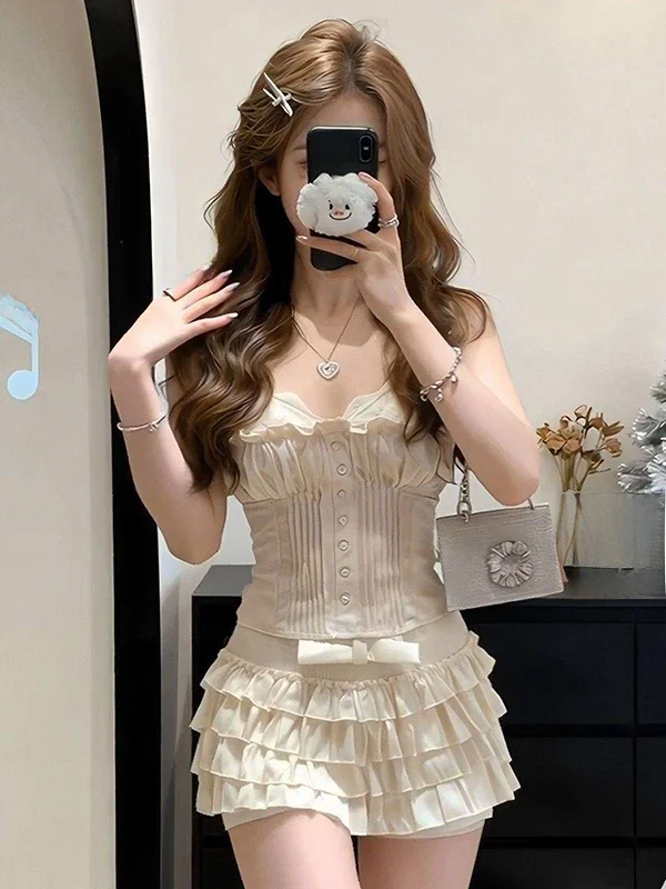 

Spring 2026 Women's Fashion Set Knot Cake Skirt Tank Top Two-Piece Set Casual Wear V-Neck High Waist Color