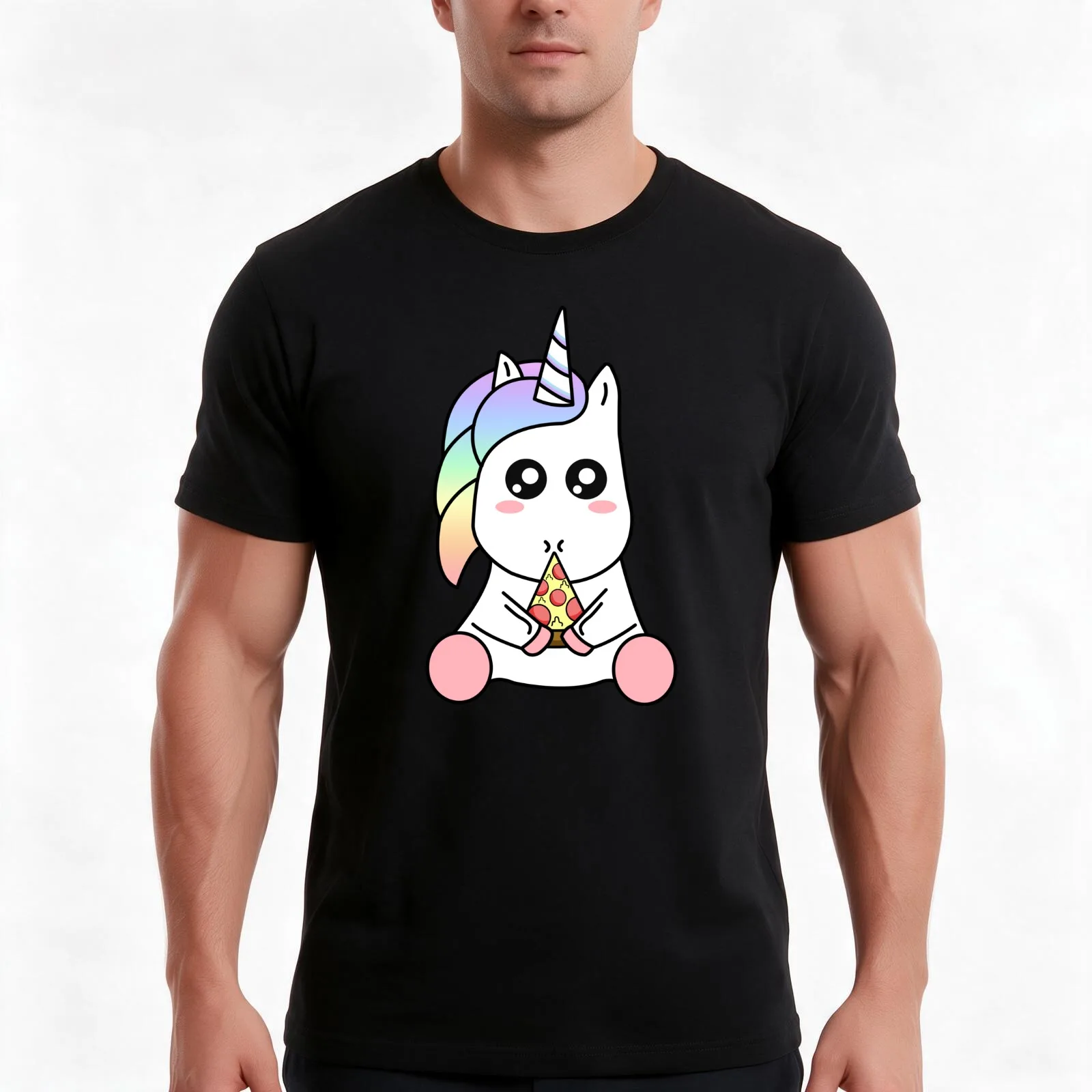 Cute Funny Kawaii Unicorn Eating Pizza Slice Magical Rainbow Men T Shirt cotton t shirts man 100%