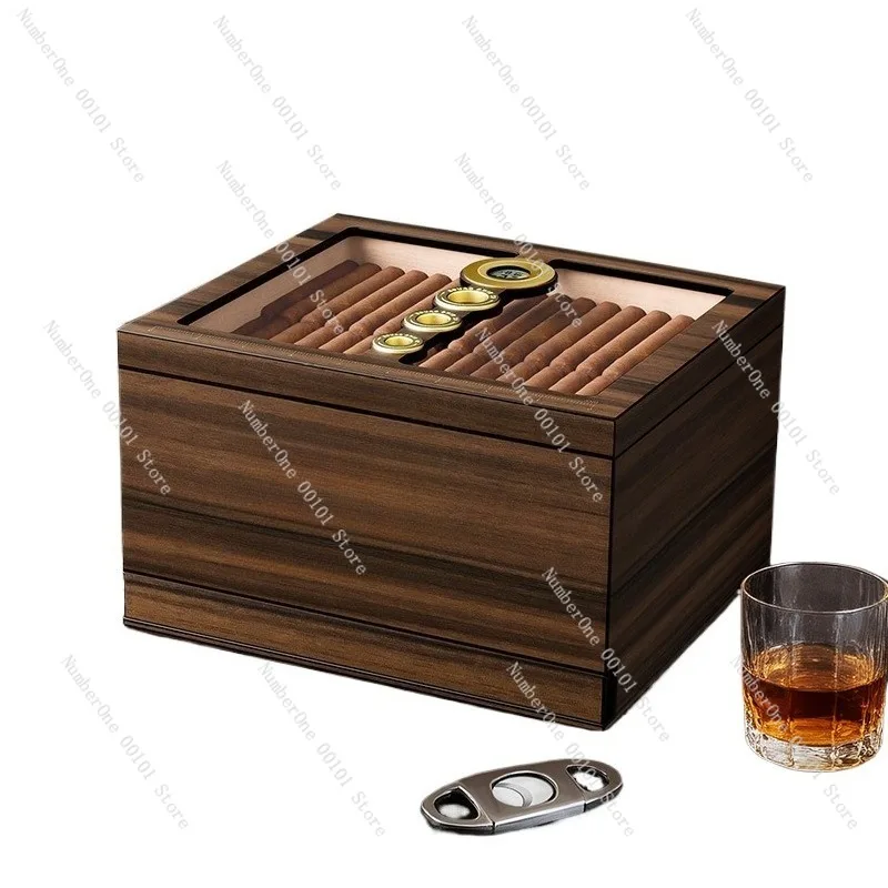 Large Capacity Multi-Function Cigar Humidor, Cedar Wood Construction, Includes Cigar Ruler, Household and Travel Use, Premium
