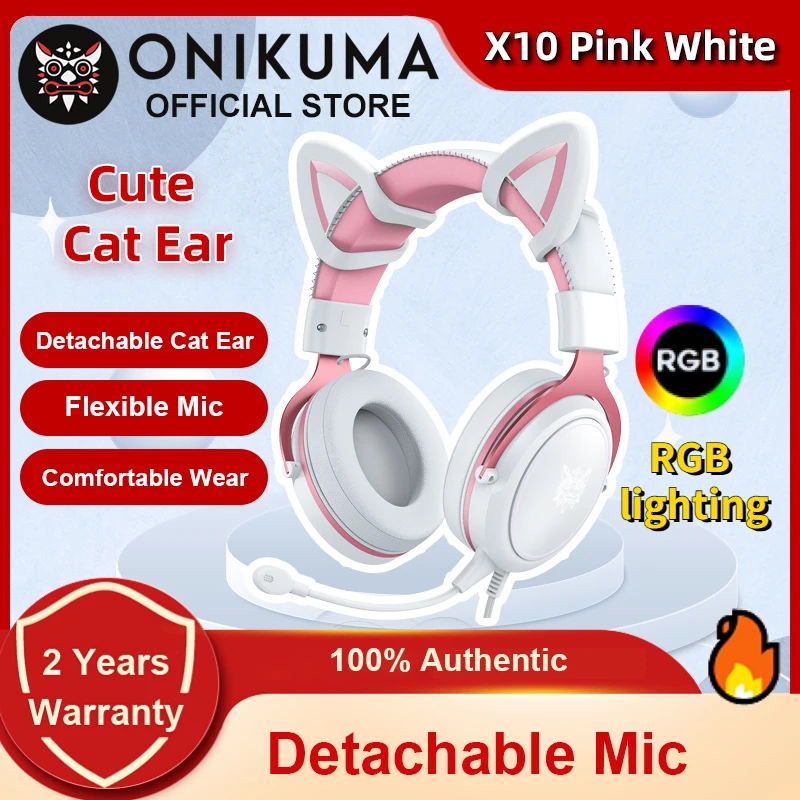 onikuma Cat Ear Gaming Cute Headset, Wired Over-Ear Headphones with Noise Cancelling Microphone, Surround Sound, LED Backlight f