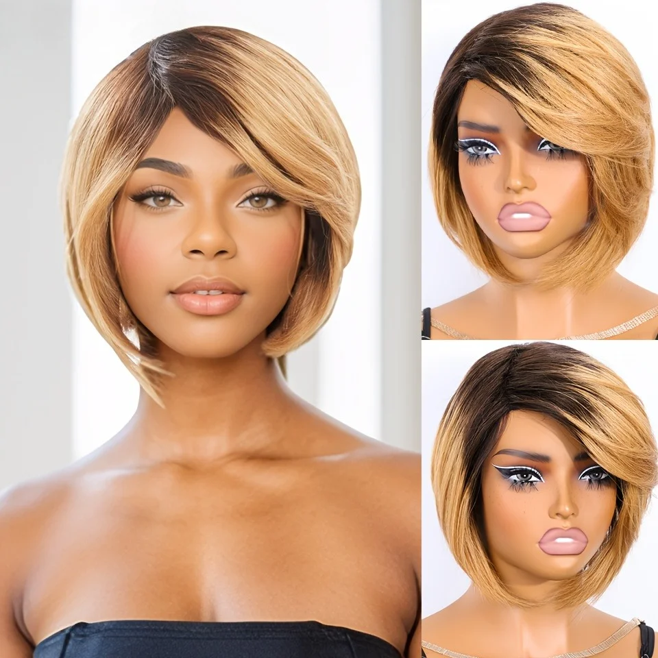 Rebecca Honey Blonde Short Pixie Cut Side Part Straight Bob 100% Human Hair Wig For Women Brazilian Remy Hair Full Machine Made