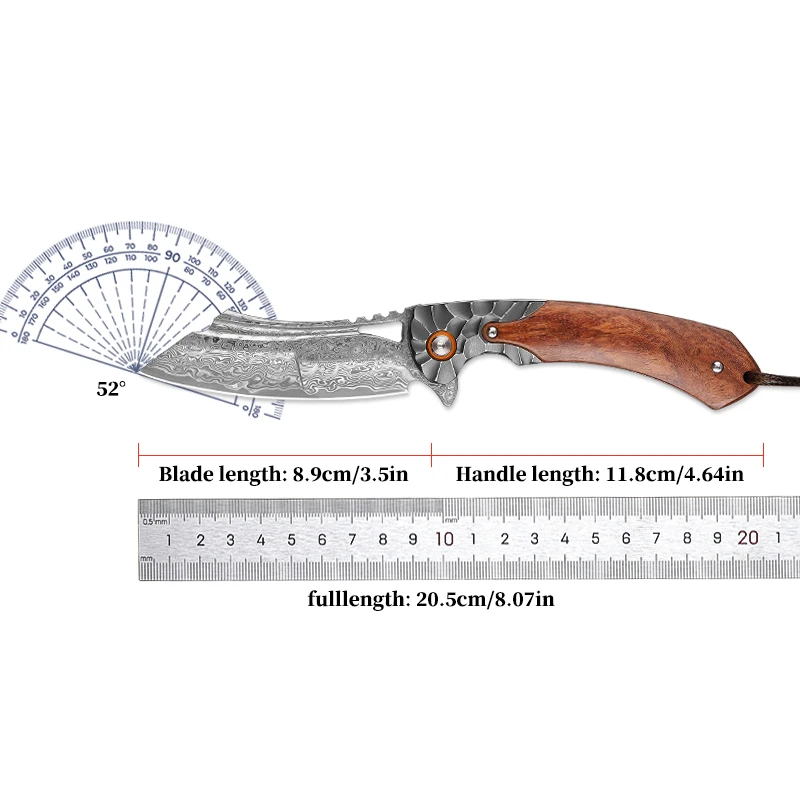 Faca de bolso de aço damasco de alta qualidade, faca dobrável de caça de aventura, faca de bolso de acampamento de montanhismo EDC com bainha