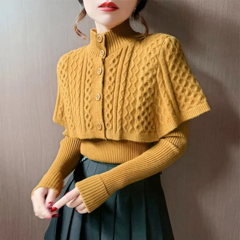 

Half Turtleneck Sweater Blouse Women's Long Sleeve Cape Two-Piece Set 2024 Autumn/Winter New Style Twist Base Sweater Female