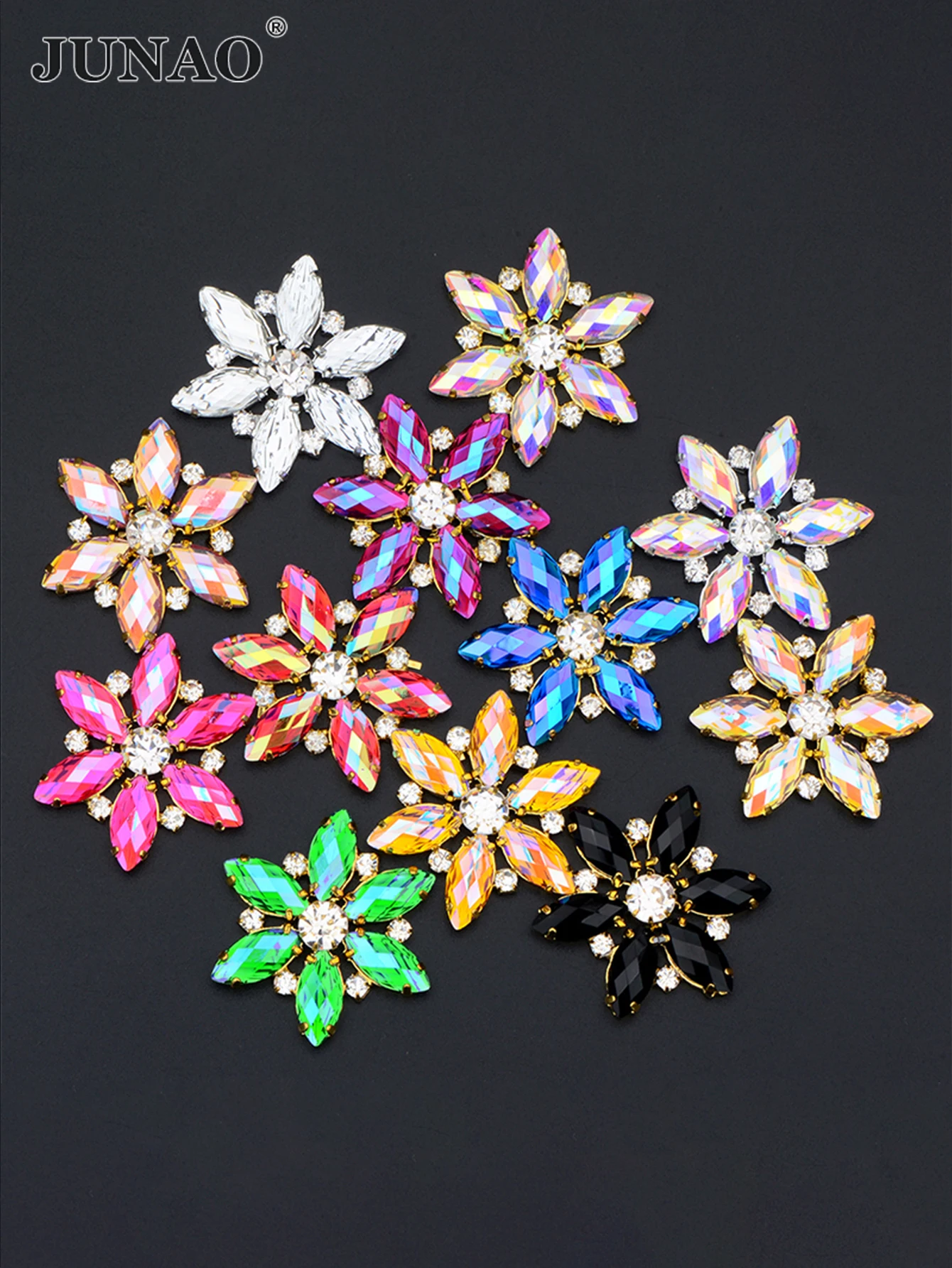 JUNAO 1pc 36mm Sew On Pink AB Glass Flower Rhinestones Gold Claw Crystal Applique Flatback Strass Sewing Stones for Dress Crafts