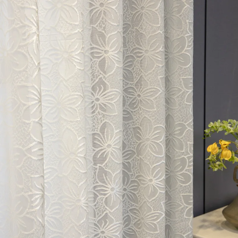 White Yarn Modern Window Curtain Light Transmission Opaque Half Blackout Relief Jacquard Living Room Bedroom